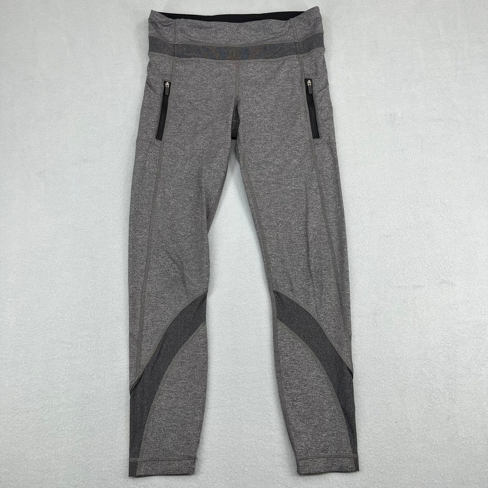 Lululemon Womens Heathered Grey Mesh Panel Zip Pocket Athletic Leggings Size 6